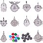 Hollow Brass Cage Ball Pendants Making Sets, with Lava Rock Perfume Beads and Pom Pom Balls