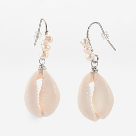 Cowrie Shell Dangle Earrings, with Shell Pearl Beads, 304 Stainless Steel Findings, Plastic Ear Nuts