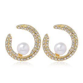 Metallic Minimalist Pearl and Diamond Crescent Earrings