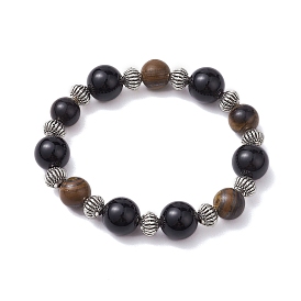 Onyx noir naturel rond de sm (teint et chauffé) et oeil de tigre naturel rond de sm et bracelets extensibles en perles d'alliage pour femmes