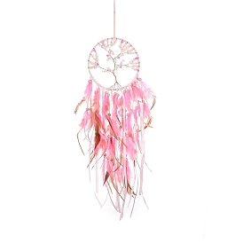 Tree of Life Natural Rose Quartz Chip Woven Web/Net with Feather Hanging Ornaments, Iron Ring for Home Living Room Bedroom Wall Decorations