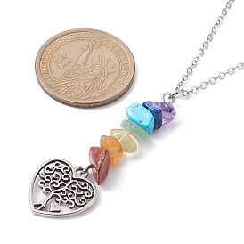 Alloy Heart with Tree Pendant Necklace with 304 Stainless Steel Cable Chains, Natural & Synthetic Mixed Gemstone Chips Beaded Necklace