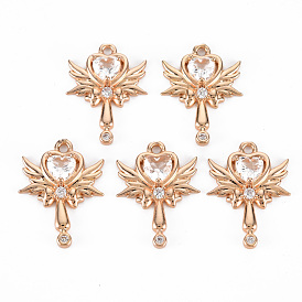 Rack Plating Brass Micro Pave Clear Cubic Zirconia Pendants, Long-Lasting Plated, Cadmium Free & Lead Free, Wand