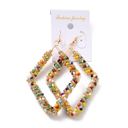 Big Rhombus Glass Seed Beads Dangle Earrings for Girl Women, Wire Wrap Iron Earrings, Golden