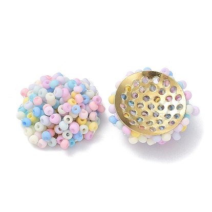 Glass Seed Beaded Cabochons, Cluster Beads, with Golden Plated Iron Perforated Disc Settings, Half Round