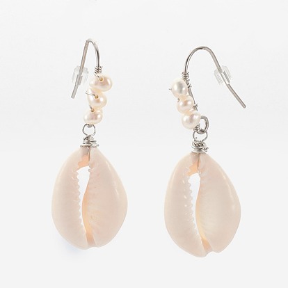 Cowrie Shell Dangle Earrings, with Shell Pearl Beads, 304 Stainless Steel Findings, Plastic Ear Nuts