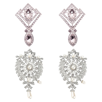 4pcs 2pcs/style 2 style broche en alliage strass, losange avec oeil de cheval, cristal, broches en strass en alliage, avec des perles en plastique imitation perles, fleur, cristal
