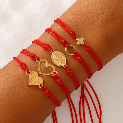 Brass Religion Link Adjustable Handmade Braided Nylon Red String Bracelets, Golden