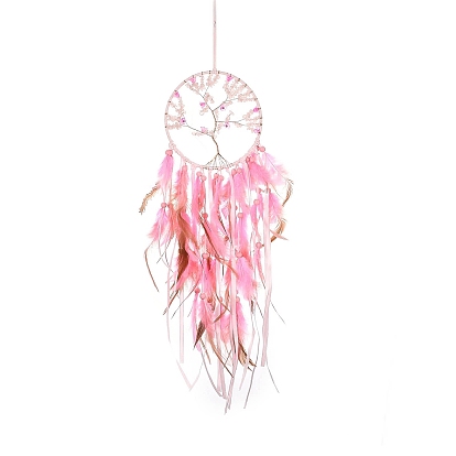 Toile/filet tissé en copeaux de quartz rose naturel, arbre de vie, avec ornements suspendus en plumes, Anneau de fer pour la maison, salon, chambre à coucher, décorations murales