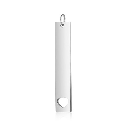 201 Stainless Steel Pendants, Mirror Polished Finish, Rectangle with Heart