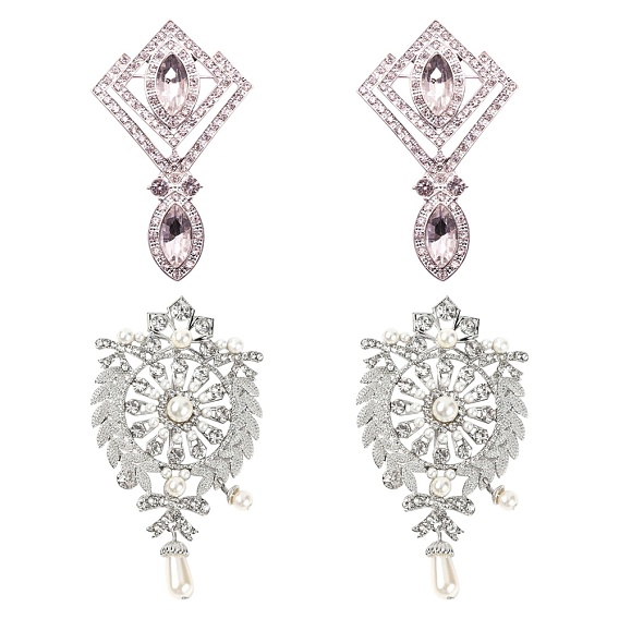 4pcs 2pcs/style 2 style broche en alliage strass, losange avec oeil de cheval, cristal, broches en strass en alliage, avec des perles en plastique imitation perles, fleur, cristal
