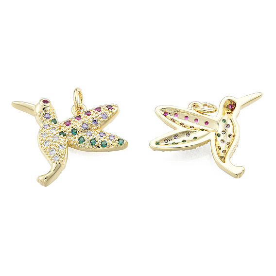 Brass Micro Pave Colorful Cubic Zirconia Pendants, with Brass Jump Rings, Nickel Free, Bird