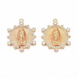Brass Micro Pave Clear Cubic Zirconia Pendants, Nickel Free, Flat Round with Holy Virgin