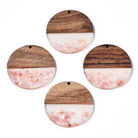Transparent Resin & Walnut Wood Pendants, with Shell Chips, Two Tone, Flat Round