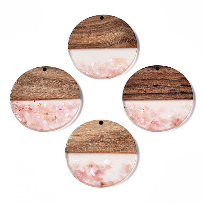 Transparent Resin & Walnut Wood Pendants, with Shell Chips, Two Tone, Flat Round