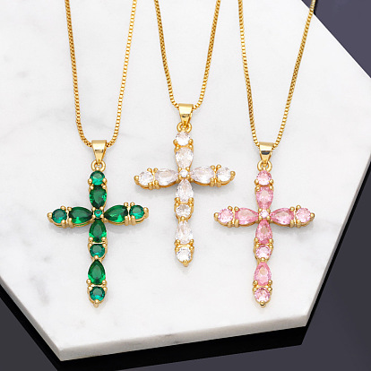 Collier croix en zircon coloré, chaîne de pull en diamant, mode hip hop, nkb