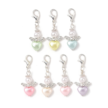 Подвеска в форме сердца ангела из акрила с пластиковыми жемчужинами, с цинковым сплавом застежками омаров коготь