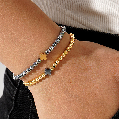 Латунные круглые бусины эластичные браслеты, синтетический немагнитный гематитовый крестик для мужчин и женщин