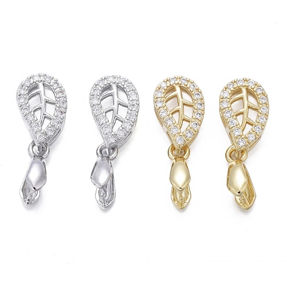 Brass Micro Pave Cubic Zirconia Ice Pick Pinch Bails, Long-Lasting Plated, Leaf, Clear