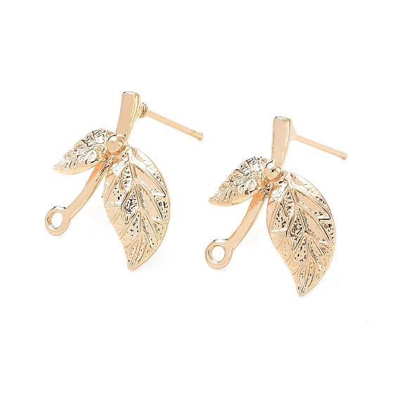 Brass Stud Earring Findings, Leaf, with Loop