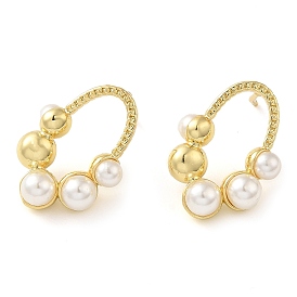 Rack Plating Brass Micro Pave Cubic Zirconia Stud Earring, with Plastic Imitation Pearl, Long-Lasting Plated, Cadmium Free & Lead Free, Oval