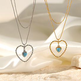 Chic Double-layer Heart Stainless Steel Necklace with Round Bead Chain for Women