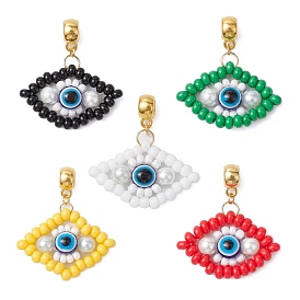 Handmade Glass Seeds European Dangle Charms, Glass Pearl & Resin Evil Eye Loom Large Hole Pendants, Golden