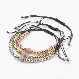 Bracelets Sets, Brass Braided Bead Bracelets, with Cubic Zirconia and Nylon, Round