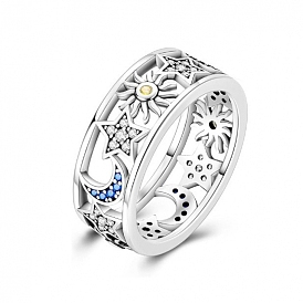 925 Sterling Silver Rhinestone Finger Rings, Star & Moon & Sun