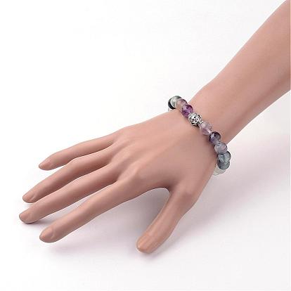 Natural Fluorite Stretch Bracelets, with Alloy Beads, Buddha