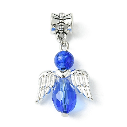Glass European Dangle Charms, Large Hole Angel Pendants with Silver Color Plated Wings