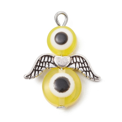 Evil Eye Resin Bead Pendants, Angel Charms with Alloy Wings