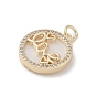 Brass Micro Pave Clear Cubic Zirconia Pendants, with Natural White Shell and Jump Ring, Real 18K Gold Plated, Flat Round