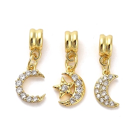 Rack Plating Brass Micro Pave Cubic Zirconia Charms, Long-Lasting Plated, Lead Free & Cadmium Free, Moon