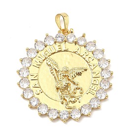 Brass Micro Pave Clear Cubic Zirconia Pendants, Flower with Sant Miguel Archangel Charms, Rack Plating, Long-Lasting Plated, Cadmium Free & Lead Free