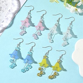 4 Pairs Brass Flower Dangle Earrings, with Glass & Acrylic Pendants, Platinum
