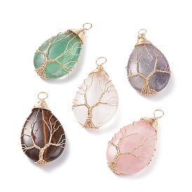 Natural Gemstone Pendants, with Light Gold Tone Brass Wire Wrapped, Teardrop