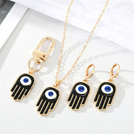 Gothic Vintage Black Fatima Hand Earrings Necklace Keychain Set with Eye Palm Pendant for Women