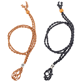 SUNNYCLUE 2Pcs 2 Colors Adjustable Braided Waxed Cord Macrame Pouch Necklace Making, Interchangeable Stone, with Wood Beads & Alloy Pipe Beads, Black & Coffee