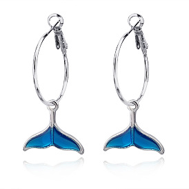 Simple and Cute Blue Fish Tail Open Hoop Earrings for Women