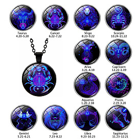 Constellation Glass Pendant Neckalace, Blue Pendant Necklace with Zinc Alloy Chains, for Men Women