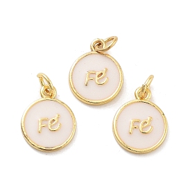 Rack Plating Brass Enamel Charms, with Jump Ring, Cadmium Free & Lead Free, Long-Lasting Plated, Real 18K Gold Plated, Flat Round with Word Fe Charm