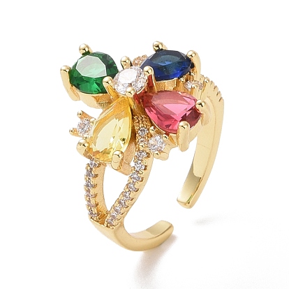 Anillo abierto de corazón con circonitas cúbicas de colores, joyas de latón para mujer, sin plomo y cadmio