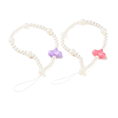 Acrylic Beads Mobile Straps, with ABS Plastic Imitation Pearl Round Beads and Nylon Thread, Heart