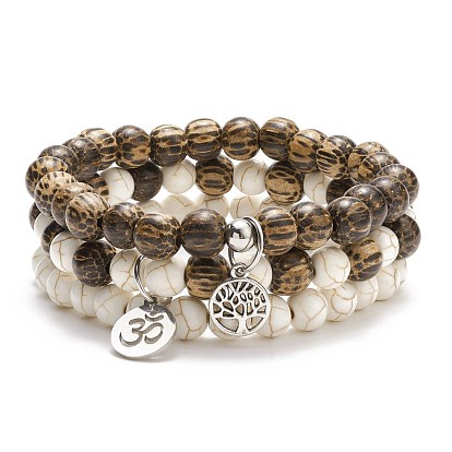 3 piezas 3 estilo de madera natural y turquesa sintética (teñida) pulseras elásticas con cuentas redondas engastadas con dijes temáticos de árbol y yoga de aleación, joyas de piedras preciosas para mujeres