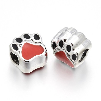 Silver Color Plated Alloy Enamel European Beads, Large Hole Beads, Dog Paw Print, 11x10x7mm, Hole: 4.5mm