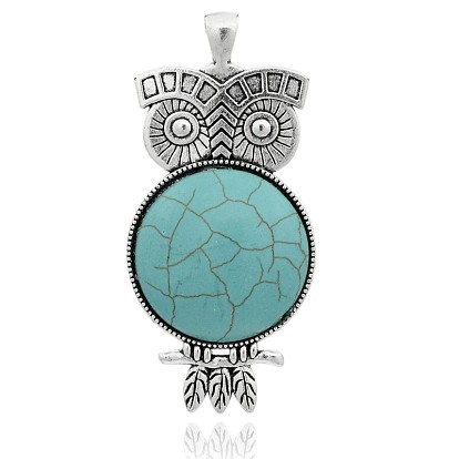 Antique Silver Plated Alloy Synthetic Turquoise Owl Big Pendants, 68x32x9mm, Hole: 4.5x7mm