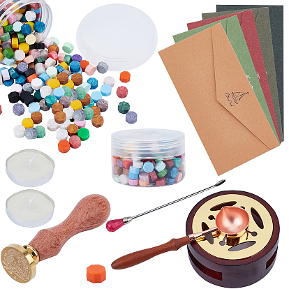 DIY Scrapbook Making Kits, Including Sealing Wax Particles, Vintage Seal Stamp Wax Stick Melting Pot Holder, Brass Wax Seal Stamp & Wax Sticks Melting Spoon, Paper Envelope, Candle