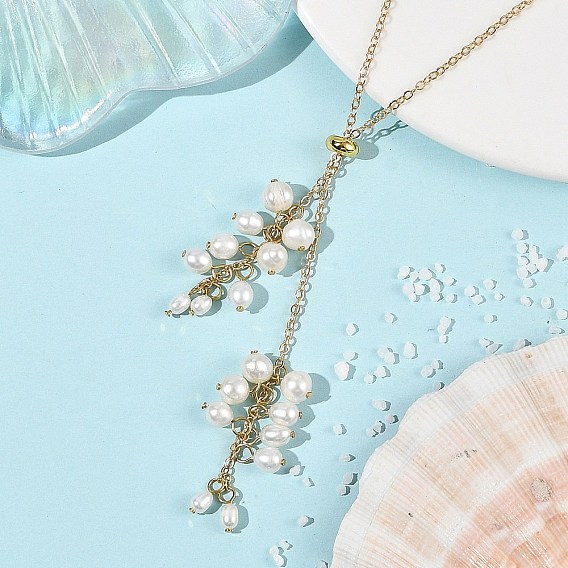 Natural Cultured Freshwater Pearl Rice Beads Tassel Brass Cable Chain Lariat Necklaces for Women, White