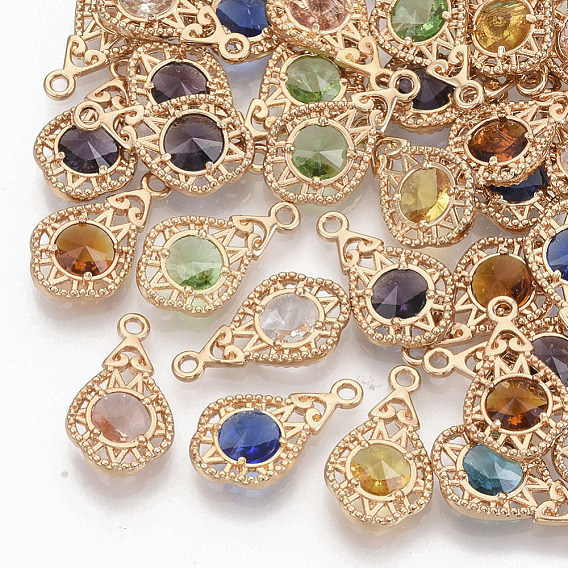 Faceted Glass Pendants, with Eco-Friendly Alloy Open Back Settings, Nickel Free, Teardrop